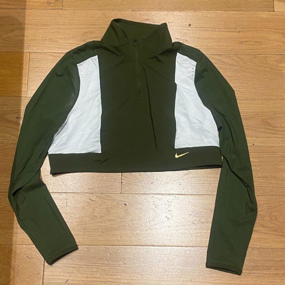 serena williams X NIKE PRO OLIVE GREEN IVORY CROPPED WORKOUT L/S HALF ZIP TOP